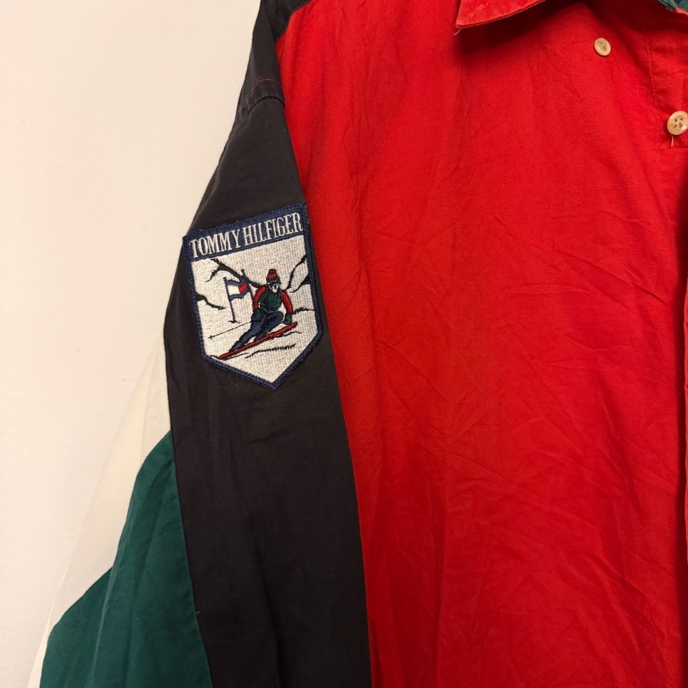 Tommy Hilfiger Vintage Colorblock Flag Patch Ski Shirt Mens Large Red Green - Picture 3 of 6